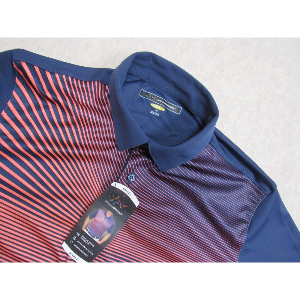 Greg Norman Mens Play Dry Golf Polo Navy Blue Coral Ombre Striped Small NEW